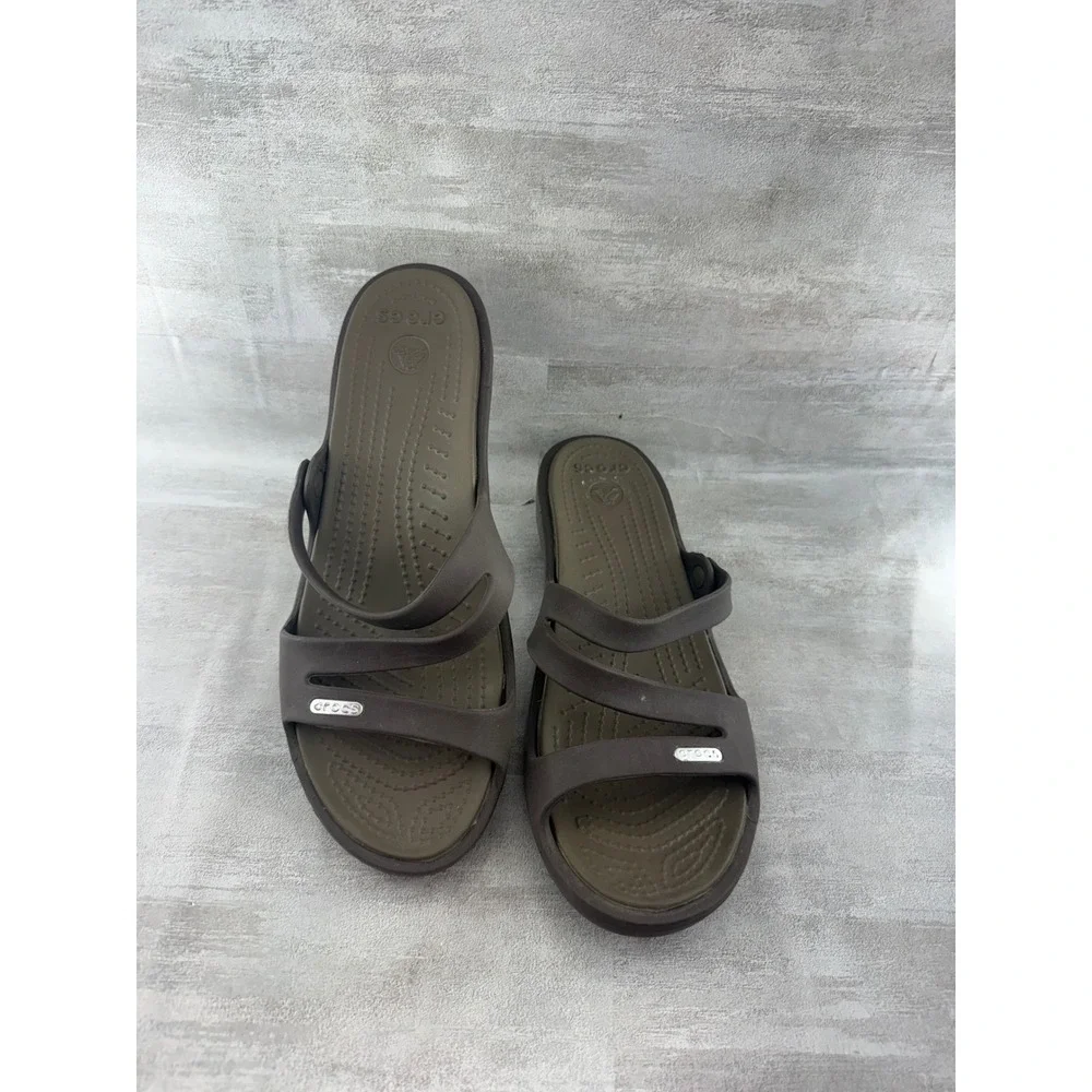 Crocs Patricia Wedge Sandals Women Sz 9 Brown Olive Green Multi Strap Slide
